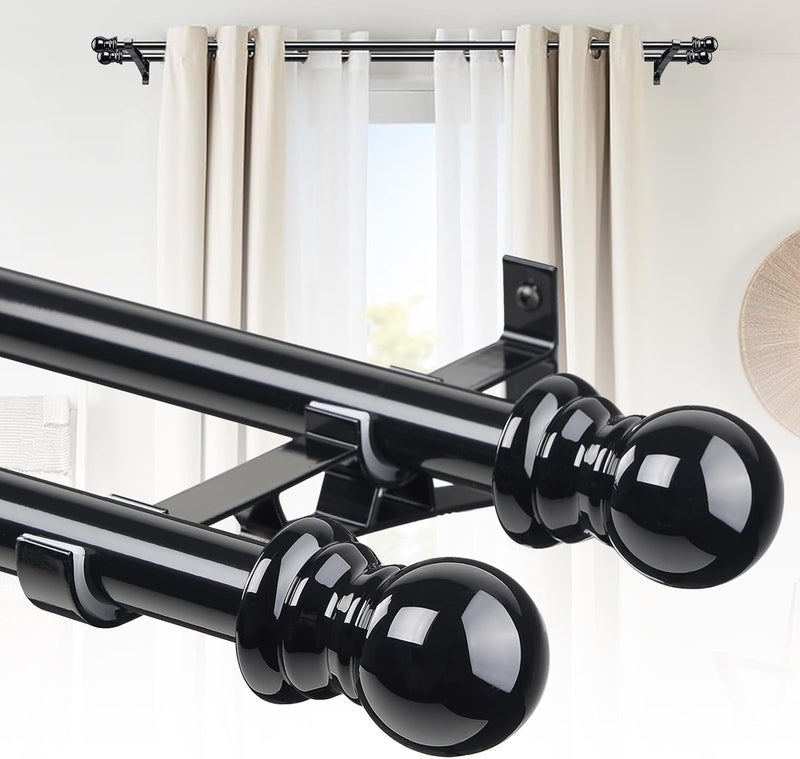CALCHELE Double Curtain Rods for windows, 1 Inch Diameter double rod curtain rods Heavy Duty Decorative Drapery Rod for Windows 28 to 42 Inch Black - Image 1